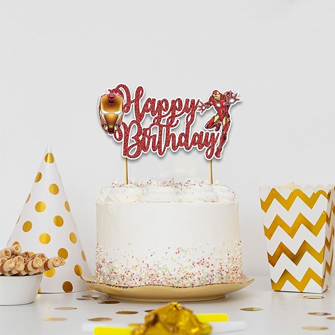"Irn Man Happy Birthday Cake Topper – Superhero Theme Birthday Party Decoration for Adults – Durable Glitter Cake Topper for Boys Girls, Comic Hero Themed Birthday Party Supplies for Cake Décor"