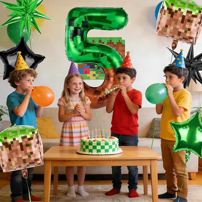 40 Inch Green Pixel Miner Number 5 Balloon Set, 7Pcs MIning large Foil Balloon Video Game Themed Party Party Decorations for Kids' Anniversary Balloon Party Supplies Supplies