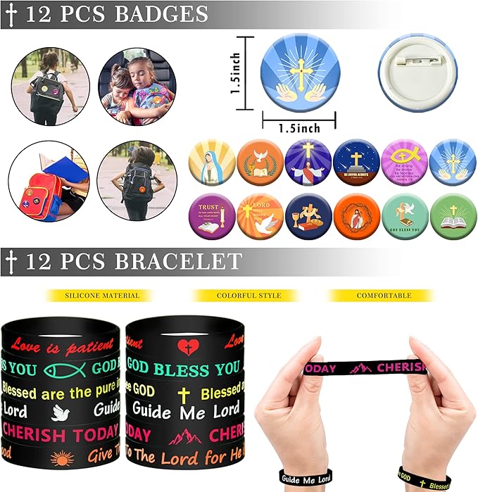98 PCS Bible Verse Party Favors, Jesus Party Favors Cross Necklace Goodie Bags with Stickers, Rubber Bracelets, Button Pins and Bags for Christian Gathering Party Supplies Decorations
