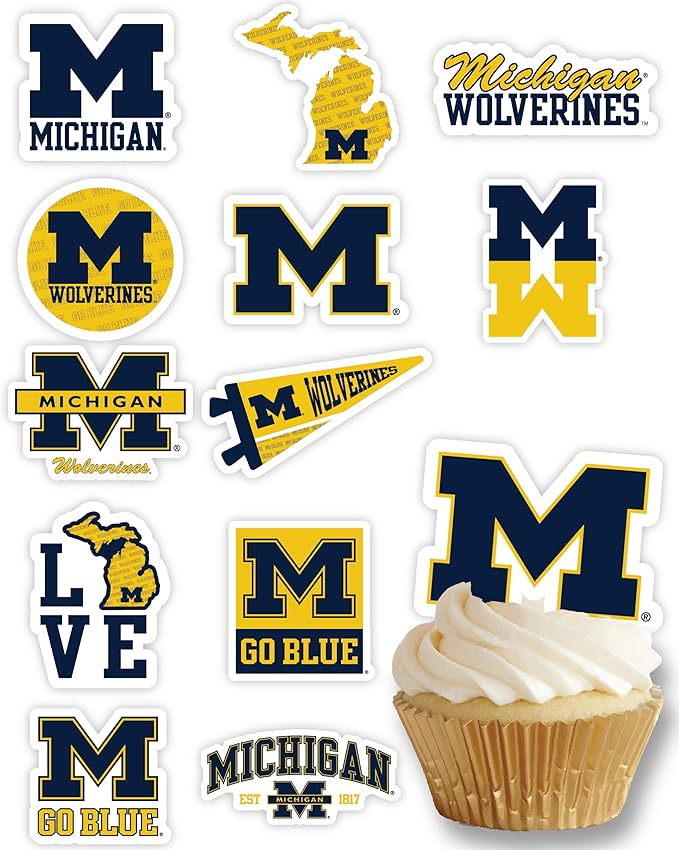University of Michigan Cupcake Topper Party Supplies for U of M Football, Birthday, Graduation Party Decorations (24 Pieces) (Michigan Wolverines)