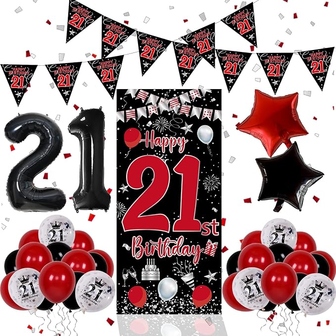 21th Birthday Decorations for Him Her, Red Black Happy 21st Birthday Decorations for Men Women, Boys 21st Bday Door Banner, Triangle Flag, Large 21 Balloons Decor for 21 Year Old Party