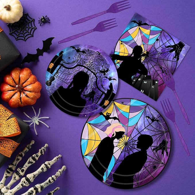 96 Pcs Wednesday Plates and Napkins Party Supplies Gothic Wednesday Party Supplies Including Wednesday Party Plates and Napkins Forks, Wednesday Birthday Decorations for Girls