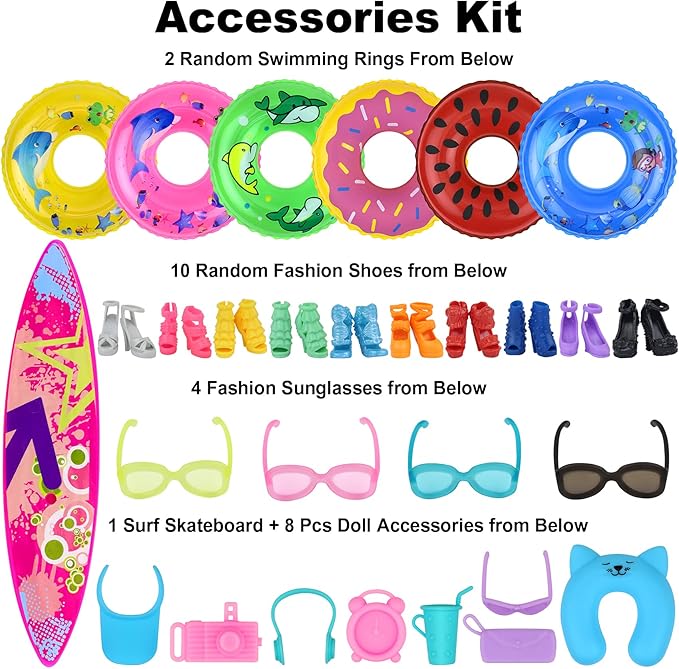 Ecore Fun 35 PCS Doll Clothes Swimwear Beach Bathing Kit Including 10 Bikini Swimsuit 2 Swimming Ring 4 Fashion Glasses 10 Pairs Shoes 1 Surf Skateboard 8 Doll Accessories for 11.5 Inch Doll