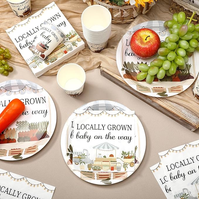 Hushee 200 Pcs Locally Grown Baby Shower Paper Plates Napkins Cups Baby Shower Party Supplies Tableware Set Disposable Cup Napkin for 50 Guest Party Decoration
