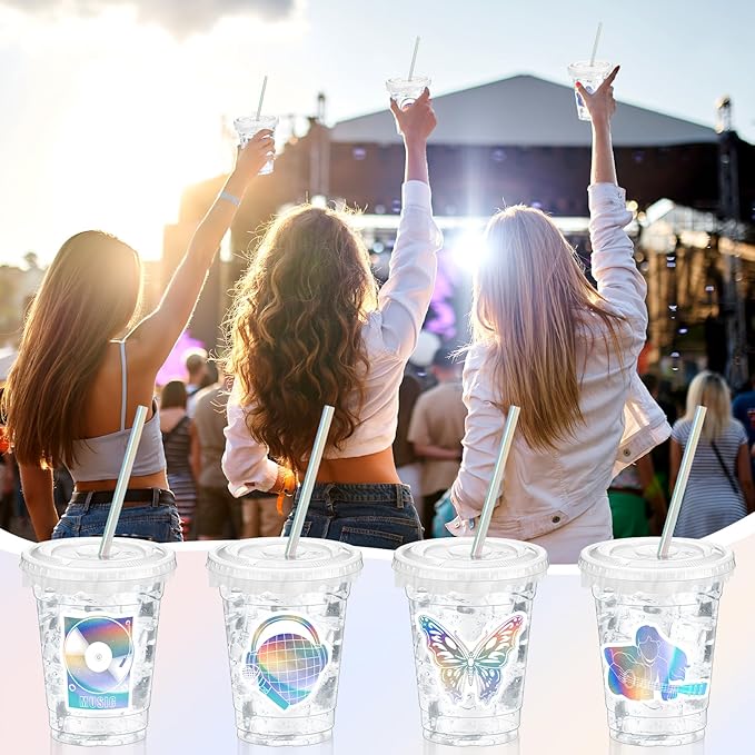 Domensi 50 Pcs Singer Birthday Party Pink Purple Music Theme Party Cups Holographic Birthday Supplies 12 oz Disposable Plastic Cup with Lid Straw Concert Guitar Disco Iridescent for Singer Fans
