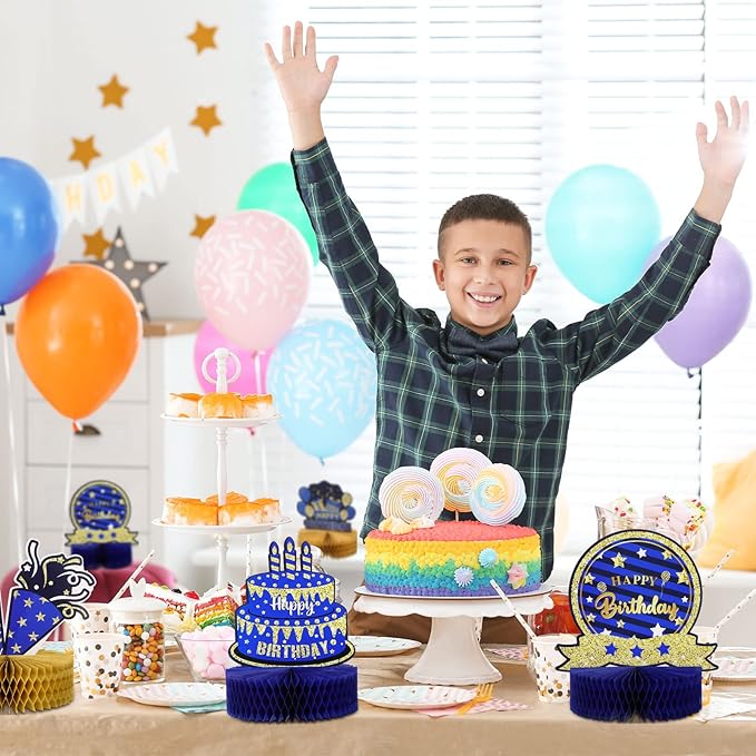 9 Pieces Blue Gold Birthday Table Decorations Happy Birthday Honeycomb Centerpieces Glitter Table Toppers, Blue and Gold Party Decorations for Kids Baby Shower, Men and Woman Party Supplies