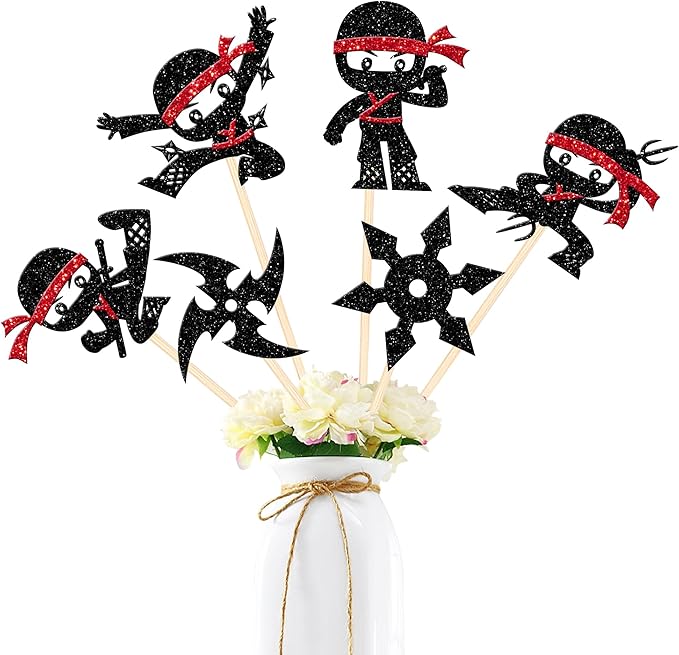 12 PCS Ninja Centerpiece Sticks Double Sided Darts Martial Arts Karate Kung Fu Warriors Table Flower Centerpieces for Ninja Theme Baby Shower Kids Birthday Party Flower Decorations Supplies