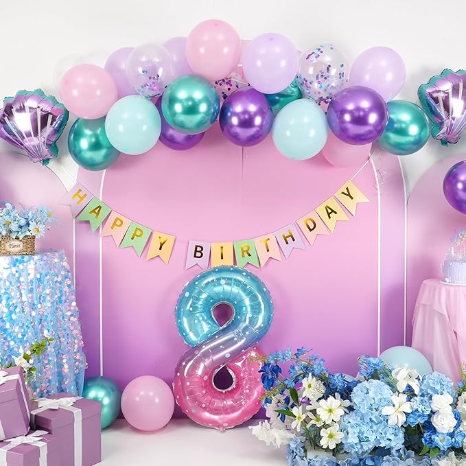 8th Mermaid Birthday Decoration,Metallic Purple Pink Green Blue Latex Balloons for Girls Party Decoration Number 8 Seashell Foil Balloons Banner Cake Topper Sea Decoration