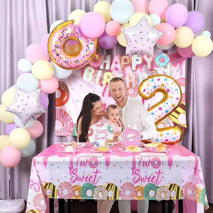 ZOiiWA 143Pcs Two Sweet Birthday Party Decorations Girls Donut tableware Set Sweet Donut 2nd Party Plates Napkins Backdrop Tablecloth Banner Balloons for Baby Girls 2 Years Old Birthday Party Supplies