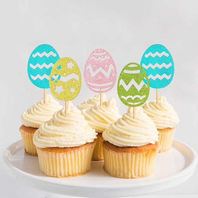 Ercadio 24Pcs Glitter Colorful Easter Eggs Cupcake Toppers Glitter Easter Eggs Cupcake Picks for Easter Egg Hunting Cupcake Toppers Easter Day Baby Shower Birthday Wedding Party Supplies