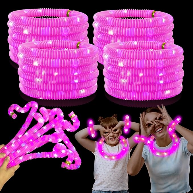 24 PCS Pink Glow Sticks Party Favors for Kids,LED Light up Pop Tubes for Toddlers, Neon Necklaces Bracelets Accessories,Glow Birthday Dance Wedding Easter Mardi Gras Parade Throws Party Supplies Decor