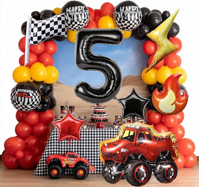 Truck Number 5 Balloons, Huge Truck Flags Lightning Flame Stars Aluminum Foil Balloons for 5th Birthday, Race Car Theme Party Decorations Supplies