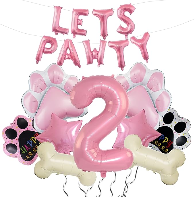 2nd Dog Balloons 18pcs Lets Pawty Balloons Dog Paw Birthday Decor Pink 32 inch Pink Number Balloons 2 Mylar Foil Balloons for Lets Pawty Birthday Decorations Dog 2nd Birthday Party Supplies