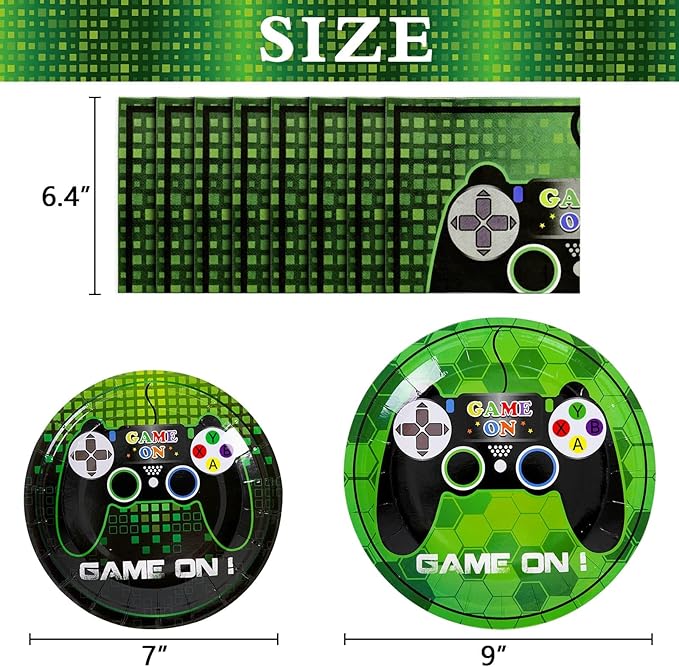 WERNNSAI Video Game Birthday Decorations - 48 PCS Game On Plates and Napkins Gamer Birthday Decorations Gaming Party Favor Serves 16 Guests