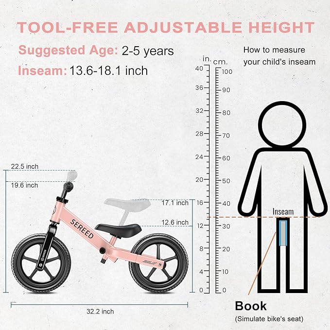 SEREED Toddler Balance Bike 2 Year Old, No Pedal Kids Toy Bike for 2-5 Years Old, Tool-Free Adjustment, Gift for 2-3 Girls, Customize Plate with 3pcs Stickers (Pink)