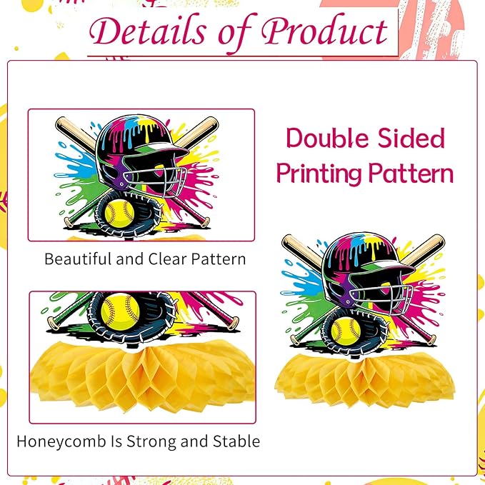 Softball Ice-Cream Party Decorations - 9 PCS Softball Party Honeycomb Centerpieces Decorations for Girls, Sports Ice Cream Birthday Baby Shower Table Decor Supplies