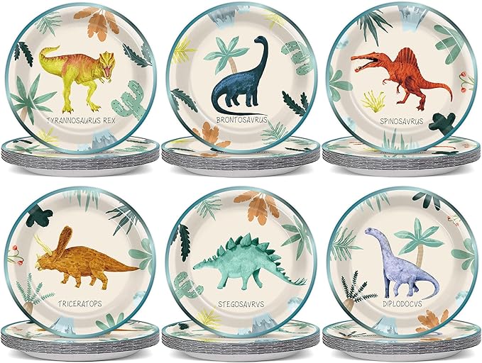 60 PCS Dinosaur Theme Birthday Party Paper Plates Dinosaur Birthday Decorations 7 Inch Dino Design Paper Dessert Plates Colorful Watercolor Dino Plate for Kids Summer Party Baby Shower Supplies
