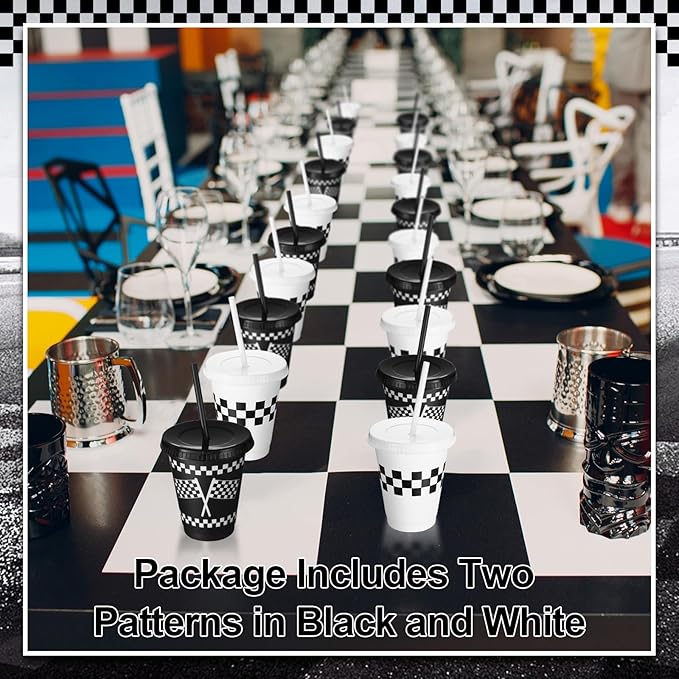 Sieral 30 Pcs Checkered Cups with Straws and Lids 16 oz Race Car Cups White Black Checkered Flag Plastic Tumblers Reusable Iced Coffee Travel Mug for Racing Party Supplies Decorations