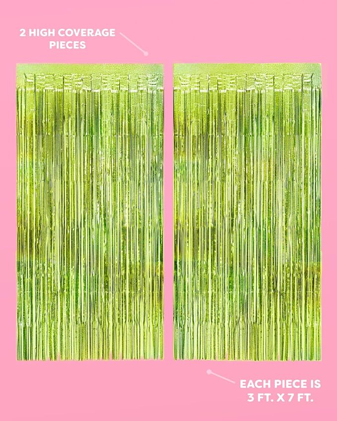 xo, Fetti Party Decorations Lime Green Foil Curtain - Set of 2 | Bachelorette Party Supplies, Birthday Photo Booth, Margartia Bach Decor, Bridal Shower Backdrop