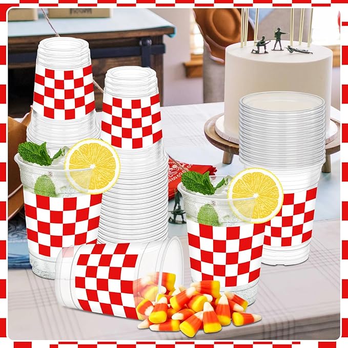 50Pcs Red and White Checkered Cups, 12oz Red Checkered Disposable Clear Plastic Cups Gingham Party Cup for Wedding Valentines Home Supplies Birthday Party Decorations