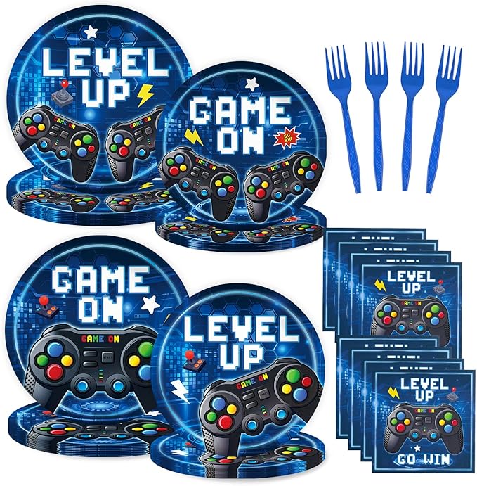 96 Pcs Video Game Plates and Napkins Tableware Set (Serve 24), Video Game Birthday Party Decorations, Party Supplies Include Plates Napkins Plastic Forks for Party (Blue)