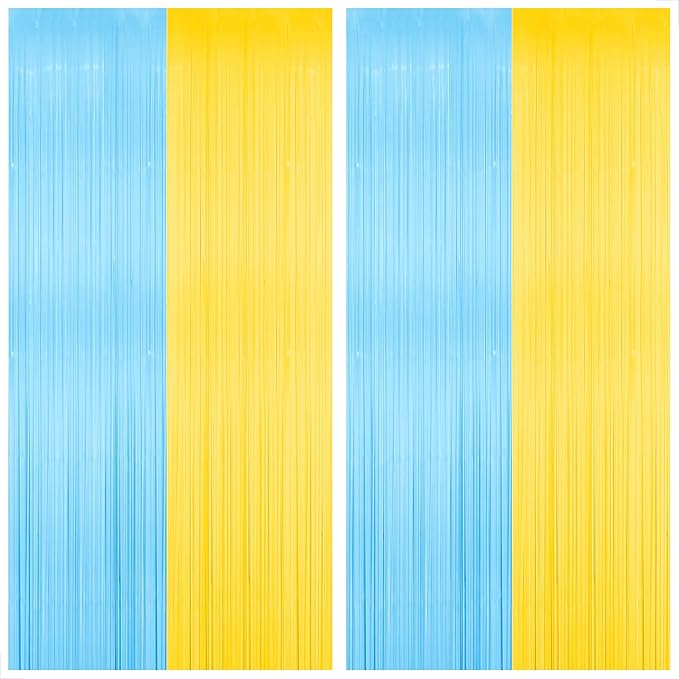 Katchon, Light Blue and Yellow Fringe Backdrop - Feet, Pack of 2 | Blue and Yellow Birthday Decorations, Easter Backdrop Curtain | Sponge Party Decorations, Baby Shower Decorations for Home