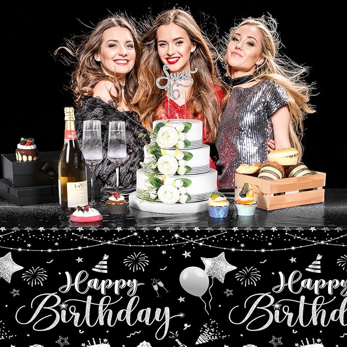 Tudomro 1 Pcs Happy Birthday Tablecloths Happy Birthday Party Decorations Plastic Table Cover Rectangular Cloths for Women Men Baby Shower Party Supplies, 108 x 54 Inch (Black Silver)
