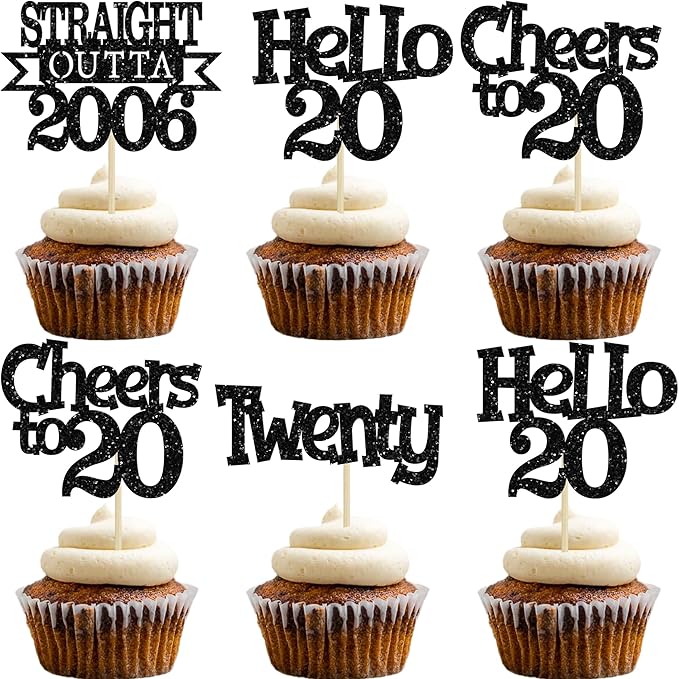 Ephlyn 24Pcs Happy 20th Birthday Cupcake Toppers Glitter Straight Outta 2006 Cupcake Picks Hello 20 Cheers to 20 Years Cake Decorations for 20th Birthday Anniversary Party Decorations Supplies Black