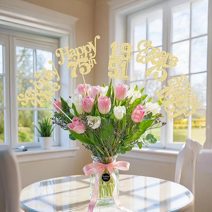 Gyufise 15Pcs Happy 75th Birthday Centerpiece Sticks Seventy Straight Outta 1951 Table Flower Centerpieces Sticks Decorations for Cheers to 75th Birthday Party Supplies Gold