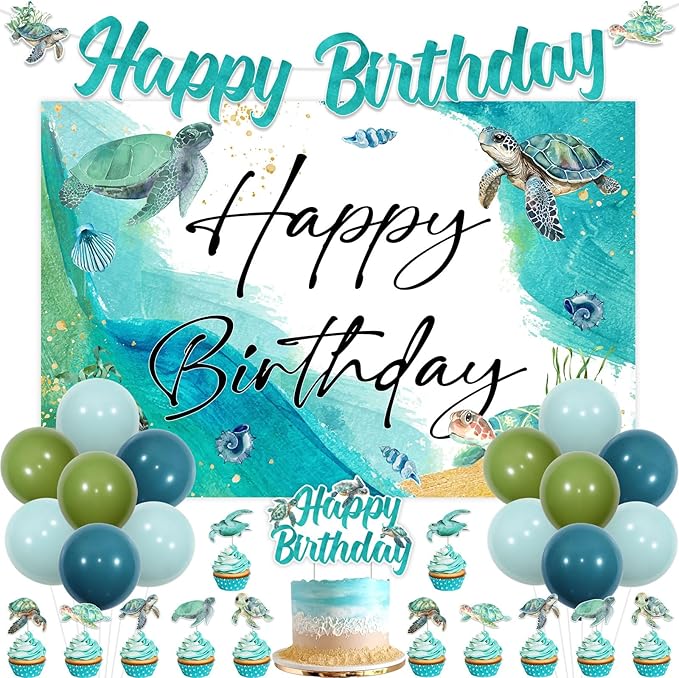 JOYMEMO Sea Turtle Birthday Theme Party Decorations, Birthday Banners, Sea Animal Backdrops, Balloon and Cake Decorations for Underwater World Style Party Supplies