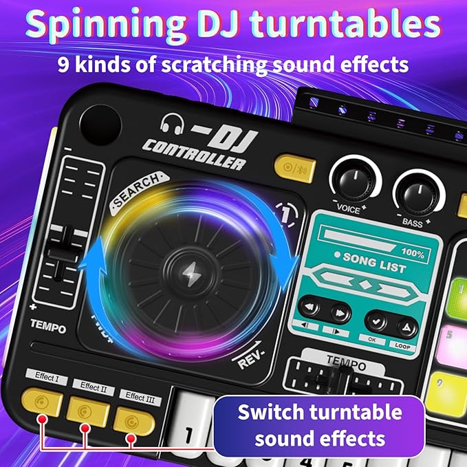 Kids DJ Mixer Board Controller Toy Set with Turntable, Piano Keys, Microphone & Bluetooth - Musical Instrument Toy for Toddlers, Babies & 3-8 Year Old Boys & Girls - Birthday (Black)