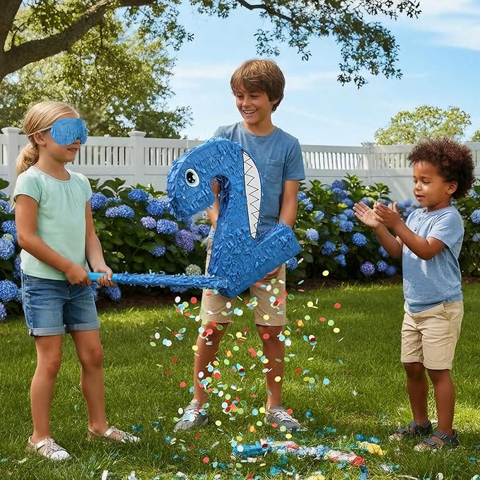 Blue Number 2 Piñata Shark Cartoon Party Decoration Summer Ocean Themed Piñata with Blindfold Bat and Round Confetti Shark 2nd Birthday Decor for Celebration Supply