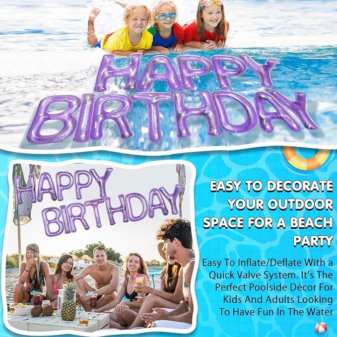 Shappy 20'' Happy Birthday Pool Large Floating Letter Balloons with Adhesive Dots Inflatable Pool Decorations for Summer Birthday Party