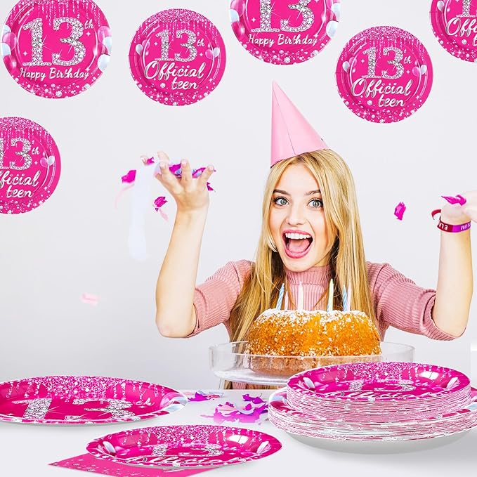 96 Pcs 13th Birthday Party Supplies Disposable Hot Pink 13 Plates and Napkins Tableware Set 13th Birthday Decorations for Girls Thirteen Official Teenager Happy 13 Years Old birthday Party Serves 24