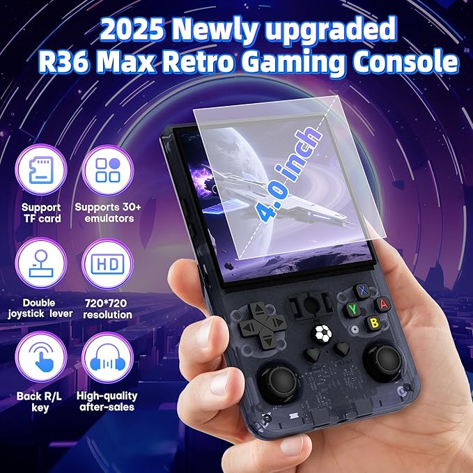 R36MAX Retro Handheld Game Console, 4.0 inch Retro Gaming Console with 64GB Memory, Portable Retro Video Games Console, 4000mAh Battery, Support 30+ Emulators, Transparent Gray