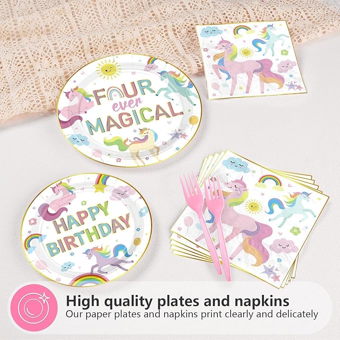 Grencian 96pc Unicorn 4th Birthday Party Supplies Magical Pastel Rainbow Unicorn Plates Napkins Forks Serves 24