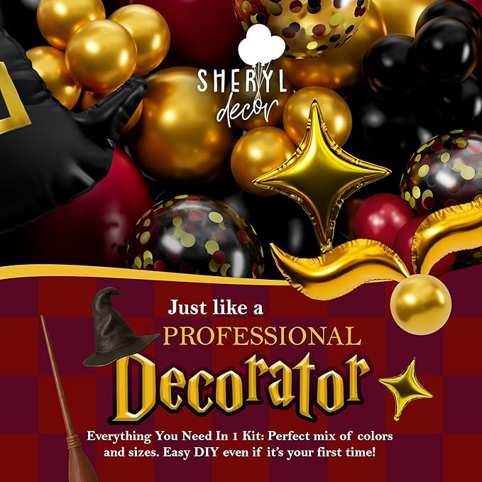 ALL-IN-1 Magical Wizard Balloons Garland Arch Kit with BONUS Hat, Wings, Lightning, Stars – Wizard Birthday Party Decorations & Supplies for Baby Shower, Chosen One, Burgundy Black Hogwarts Balloons