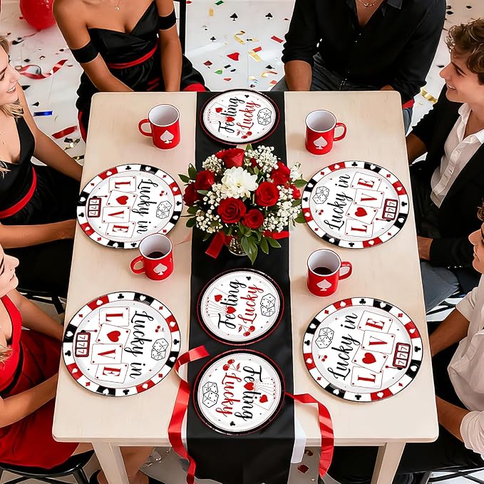 96 Pcs Casino Party Decorations Lucky In Love Plates and Napkins Disposable Black White Red Poker Tableware Set for Las Vegas Night Poker Club Birthday Party Supplies Serves 24
