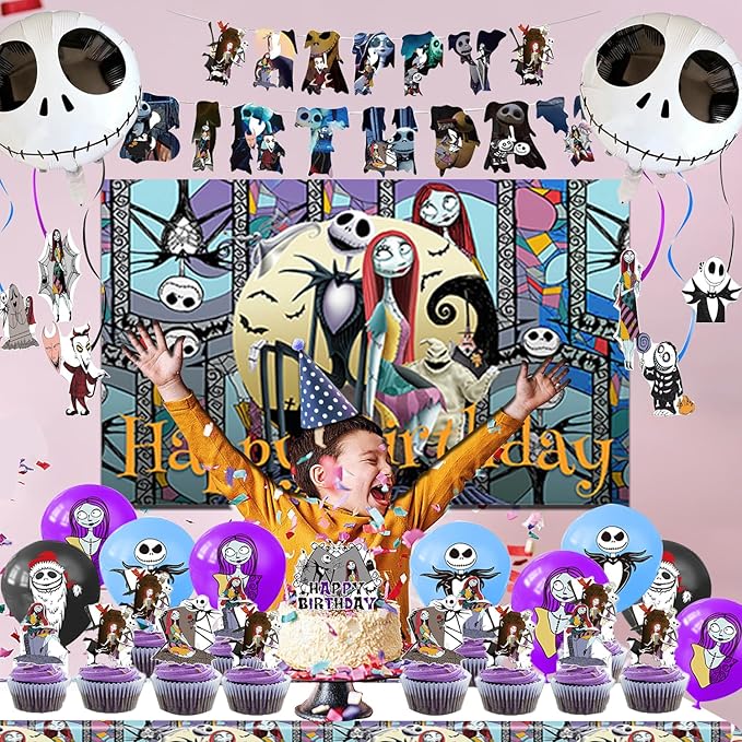 Birthday Party Decorations, Magical Wizard Pirate Halloween Horror Night Themed Party Supplies - Happy Birthday Banner, Balloons, Backdrop, Tablecloth, Cake Inserts Set-Black