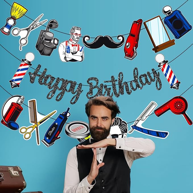Barber Banners 3Pcs Hairdresser Party Decorations Glitter Black Barbershop Happy Birthday Banner Hairstylist Party Supplies for Barber Lovers Decor