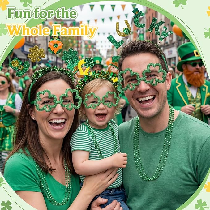 3 Set St Patricks Day Accessories Party Favor Set, Shamrock Glitter Glasses Green Beaded Necklaces Headbands, St Patricks Day Photo Props Irish Costume Accessories for Irish Party Supply
