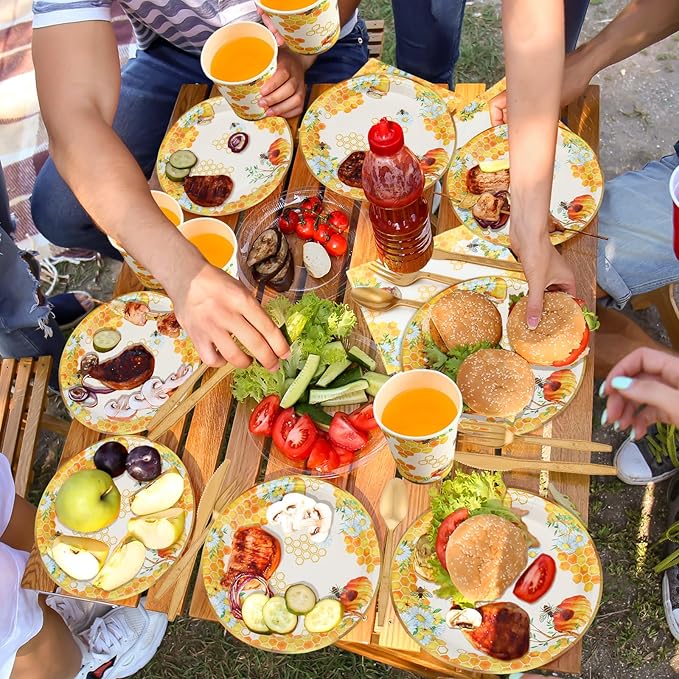 350 Pcs Tea Party Supplies Spring Summer Sage Green Sunflower Party Tableware Set Disposable Plates Napkins Paper Cups Plastic Cutlery Set For Birthday Bridal Baby Shower Serves 50(Bee)