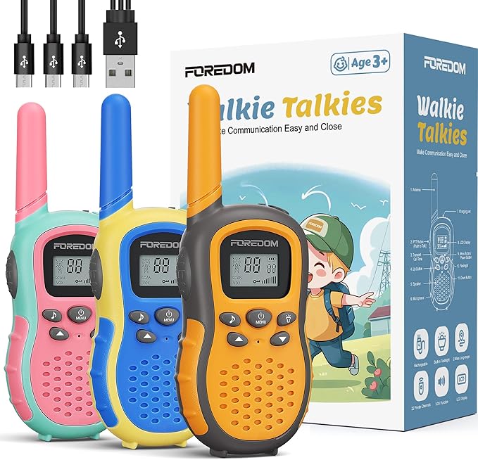 FOREDOM Rechargeable Walkie Talkies for Kids Walkie Talkies Long Range for Boy & Girl Age 3 to 12 Year Old Birthday Toys with Flashlight, 3 Pack