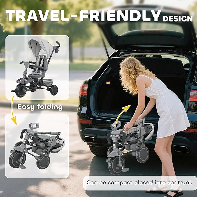 Qaba Kids Tricycle, 6 in 1 Foldable Baby Trike with Adjustable Push Handle, Tricycle Stroller with Removable Canopy, Reversible Seat, Safety Harness, Detachable Guardrail, Storage for 1-5 Years, Gray