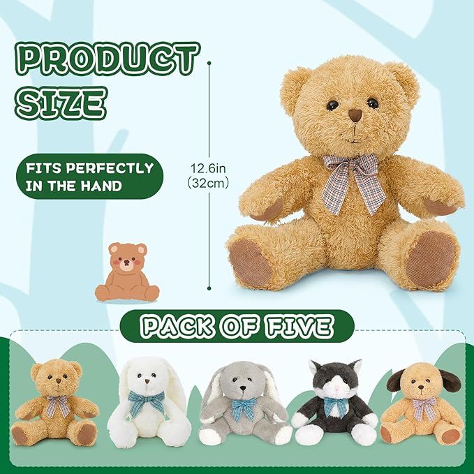 MaoGoLan 5 Pack Soft Stuffed Animals Bulk for Easter 13'' Cute Plush Toys Party Favors Bundle for Kids Teens Girls - Teddy Bear, Floppy Bunnies, Dog, Cat - Baby Shower Decor