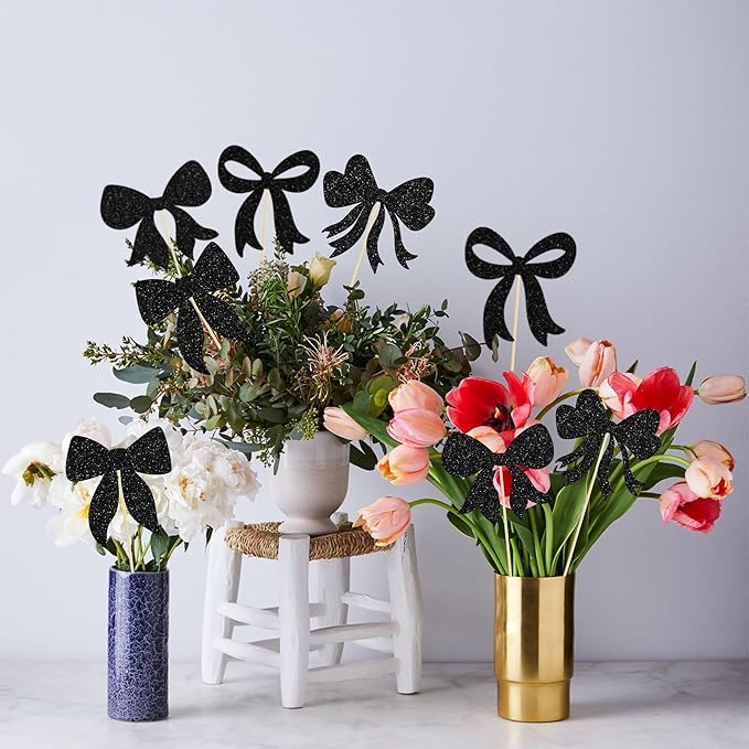 Gyufise 12Pcs Bow Centerpiece Sticks Birthday Bowknot Ribbons Coquette Table Flower Centerpieces Sticks Bow High Footed Party Decorations for Bridal Shower Birthday Wedding Party Supplies Black