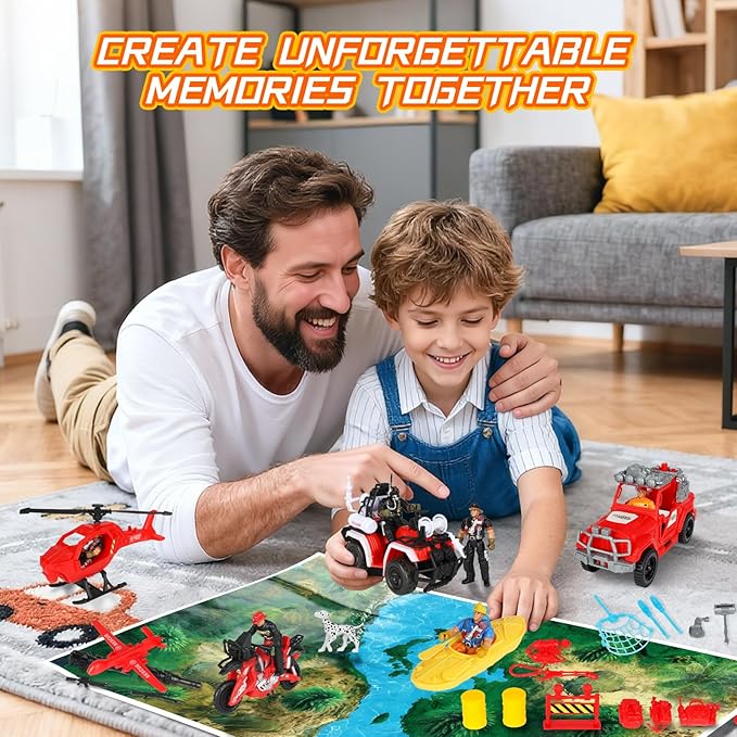 Kids Firefighter Action Figures Playset, Fireman Figures Toys with Tools, Red Fire Trucks, Army Vehicles, Helicopter, Soldiers Accessories, Play Mat, Birthday Gift for Boys