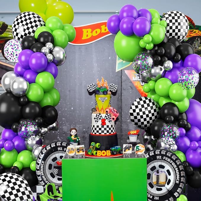 Truck Balloons Arch Kit,170Pcs Purple Black Green Metallic Silver Confetti Balloons Wheel Checkered Balloon for Kids Birthday Party,Monster Race Car Truck Theme Party Decorations Supplie