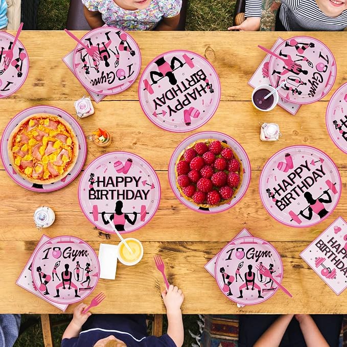 96Pcs Gym Happy Birthday Party Decoration Black and Pink Work Out Weight Plates and Napkins Disposable Weightlifting Equipment Tableware Set for Bodybuilding Girl Birthday Party Supplies Serves 24