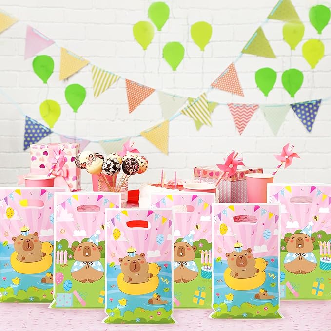 Capybara Party Favor Bags - 50Pcs Pink Capybara Patterns Goody Candy Treat Bags, Cute Animals Themed Party Decorations for Kids Boys Girls Birthday Baby Shower Animals Events Supplies